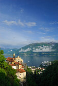 pilgrimage church Santa Maria Assunta, Santa Maria del Sasso, view to lake Lago Maggiore, Ticino, Switzerland