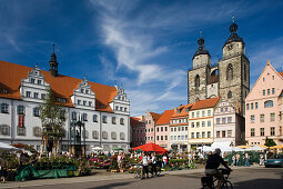 Market place with Luther monument, town hall and St. Mary's church, Lutherstadt Wittenberg, Saxony Anhalt, Germany