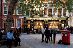 Sherlock Holmes Pub in the Northumberland Street and red postbox, London, England, Europe