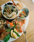 Kaimoana fish platter at Fleurs Place Restaurant, Moeraki, east coast, South Island, New Zealand