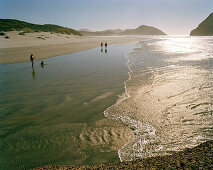 People in the shallow water at Wharariki Beach, northwest coast, South Island, New Zealand