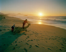 Children playing with driftwood on the beach at sunset, Okuru Beach, West coast, South Island, New Zealand