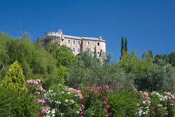 The castle Chateau Suze-la-Rousse behind blooming bushes and trees, Drome, Provence, France
