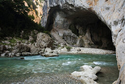 Grand Canyon du Verdon, the river Verdon flowing through the Baume-aux-Pigeons cave, Alpes-de-Haute-Provence, Provence, France