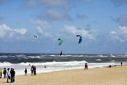 Kite surfing near beach of Westerland, Sylt island, Schleswig-Holstein, Germany
