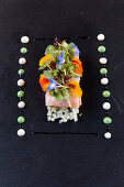 Salmon rolls with vegetables, herbs and lemon sauce, Restaurant Philipp, Sommerhausen, Franconia, Bavaria, Germany