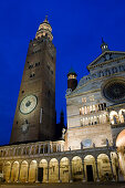 Cathedral of Cremona, bell tower, Torazzo, and town square at night, Piazza Duomo, Cremona, Lombardy, Italy