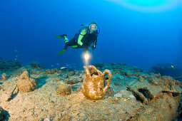 Diver and Artifacts of USS Apogon Submarine, Marshall Islands, Bikini Atoll, Micronesia, Pacific Ocean