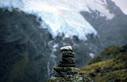 Cairn on the Rees Dart Track at upper Dart Valley, Mt. Aspiring National Park, South Island, New Zealand, Oceania