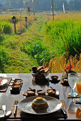 Nicely decorated table with view at the scenery, Chedi Club, GHM Hotel, Ubud, Indonesia, Asia
