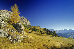 View from Passo di Gardena towards Val Badia, Dolomite Alps, South Tyrol, Italy