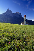 San Valentino chapel, view to Monte Sciliar, Dolomite Alps, South Tyrol, Italy