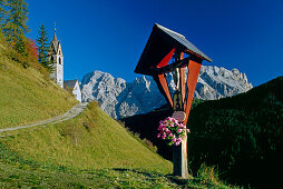 Wayside cross, Santa Barbara, near Wengen, La Val, Val Badia, Dolomite Alps, South Tyrol, Italy