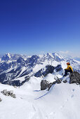 Woman looking to mount Zugspitze, Hochwannig, Mieming range, Tyrol, Austria