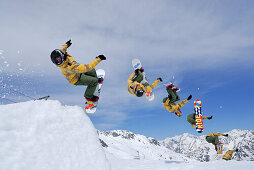 Snowboarder in mid-air, back-flip, multiple image, ski area Soelden, Oetztal, Tyrol, Austria