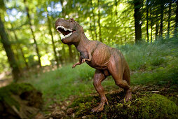Toy tyrannosaurus rex in the forest