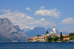 View over lake Gardo to Malcesine with Scaliger Castle, Malcesine, Veneto, Italy