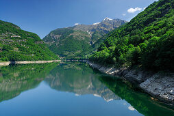 Reservoir lake Vogorno with Piz di Vogorno, water power plant, Gordola, valley of Verzasca, Ticino, Switzerland