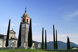 Church San Abbondino near Gentilino with cypress trees, Gentilino, Lugano, Ticino, Switzerland