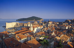 View at the Old Town and the old harbour of Dubrovnik under blue sky, Croatian Adriatic Sea, Dalmatia, Croatia, Europe