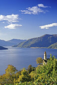 View over the church of Ronco sopra Ascona to the Lago Maggiore, Ticino, Switzerland, Europe
