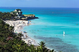 View along sandy beach to Villa Dupont, Varadero, Matanzas, Cuba, West Indies