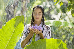 ders, Health, Holding, One person, Outdoors, Portrait, Purple, Rain, Shoulders-up, Shower, Spa, Teena