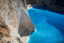 High angle view at the Shipwreck Beach in the sunlight, Zakynthos, Ionian islands, Greece, Europe