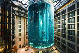 the 5 star Radisson SAS Hotel features the world's largest cylindrical aquarium. entrance to Aqua Dom, a diver cleans the tank, Berlin, Germany