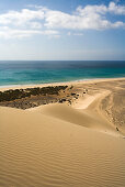 Düne am Meer im Sonnenlicht, Playa de Satovento de Jandia, Parque Natural de Jandia, Jandia Halbinsel, Fuerteventura, Kanarische Inseln, Spanien, Europa