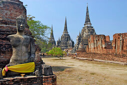 Buddha in front of chedis, Wat Phra Si Sanphet, Ayutthaya, Thailand, Asia