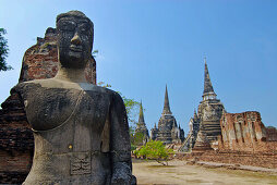 Buddha in front of chedis, Wat Phra Si Sanphet, Ayutthaya, Thailand, Asia