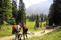 Wanderer auf einem Wanderweg unterhalb der Benediktenwand, Bayern, Deutschland