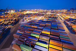 High angle view of container port at night, Port of Hamburg, Germany