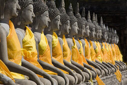 Buddhafiguren mit Mönchsgewändern in einer Reihe, Wat Yai Chai Mongkhon, Ayutthaya, Provinz Ayutthaya, Thailand, Asien