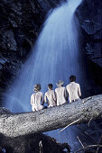 Vier nackte Personen sitzen auf einem Baumstamm vor einem Wasserfall, See, Tirol, Österreich