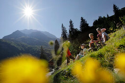 Family on pasture, Val di Fleres, South Tyrol, Trentino-Alto Adige/Südtirol, Italy