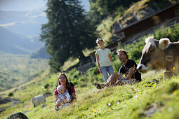 Familie und Kühe auf einer Alm, Pflerschtal, Südtirol, Trentino-Alto Adige, Italien