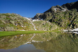 Reflection of mountains on lake Stubensee, Stubai Alps, Trentino-Alto Adige/South Tyrol, Italy