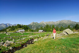 Woman hiking over alpine meadow, Alpe Mognola, Ticino range, Ticino, Switzerland