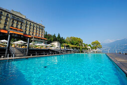 Swimming pool with hotel, Tremezzo, Lake Como, Lombardy, Italy