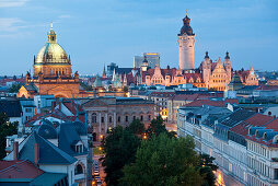 View to Federal Administrative Court and New City Hall in the evening, Leipzig, Saxony, Germany