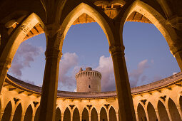 Castell de Bellver with keep tower at dusk, Palma, Mallorca, Balearic Islands, Spain, Europe