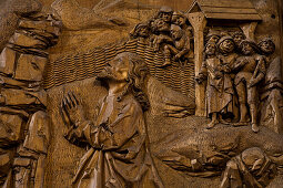 Heiligblutaltar, Detail: Gebet Christi am Ölberg, Heiligblut-Retabel des Würzburger Bildschnitzers Tilman Riemenschneider in der Stadtpfarrkirche St. Jakob in Rothenburg ob der Tauber, Bayern, Deutschland, Europa