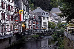 Half timbered houses along the river Rur, Monschau, Eifel, North Rhine-Westphalia, Germany, Europe