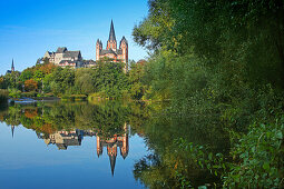 View over Lahn river to cathedral and castle, Limburg, Hesse, Germany
