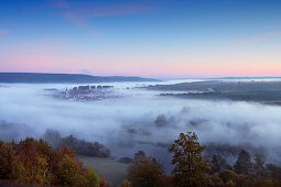 Morning fog above Main meander, near Volkach, Franconia, Bavaria, Germany