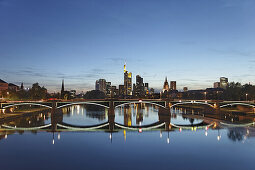 View over the river Main towards the Old Bridge and the Frankfurt skyline, Frankfurt am Main, Hesse, Germany