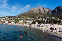 Beach in Camps Bay with the 12 apostles of Table mountain in the background, Capetown, RSA, South Africa, Africa