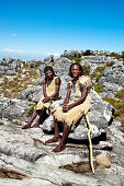 Two African women in traditional clothes on Table Mountain, View towards Cape Town, Western Cape, South Africa, Africa